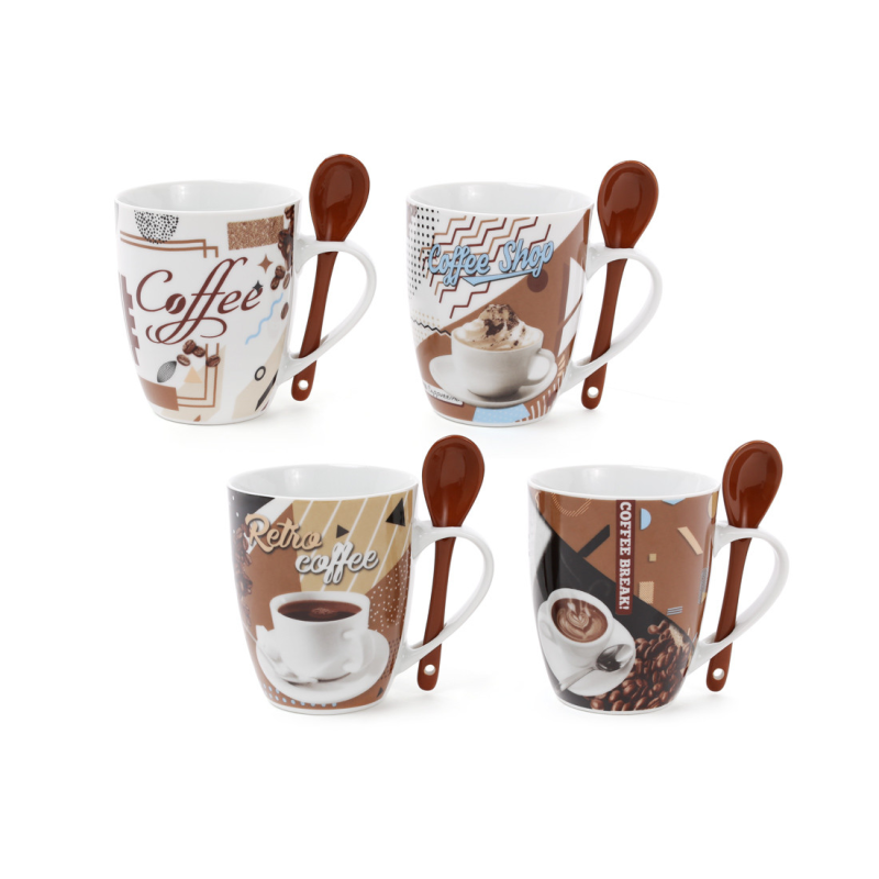 Кухоль порцеляновий Retro Coffee з коричневою ложкою 350 мл, 4 види