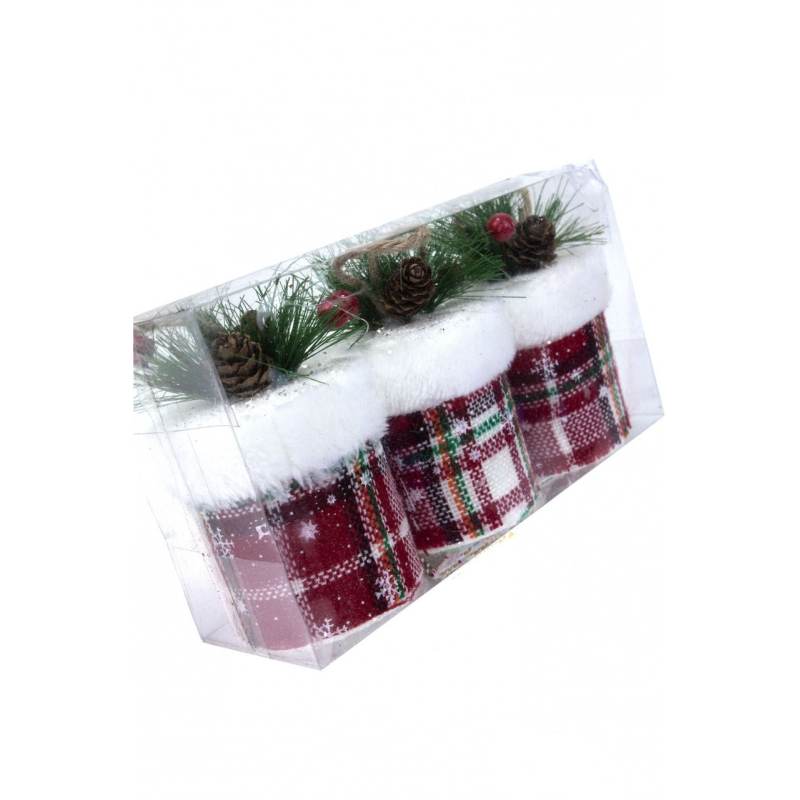 Набір Ялинкових прикрас Пень у мішковині, колір - червоний з білим, 3шт. Набір Ялинкових прикрас Пень у мішковині, колір - червоний з білим, 3шт.