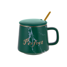 Кухоль порцеляновий Perfect з кришкою та ложкою, 400мл, колір - зелений мармур із золотим написом