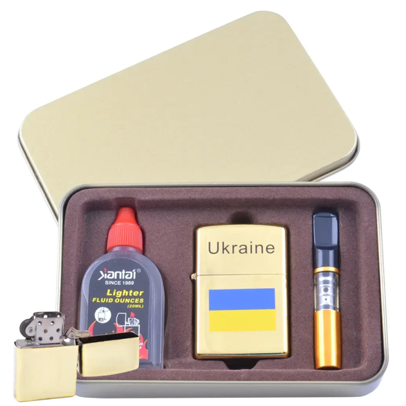 Запальничка бензинова в подарунковій коробці + (Балончик бензину/Мундштук) Прапор України Запальничка бензинова в подарунковій коробці + (Балончик бензину/Мундштук) Прапор України