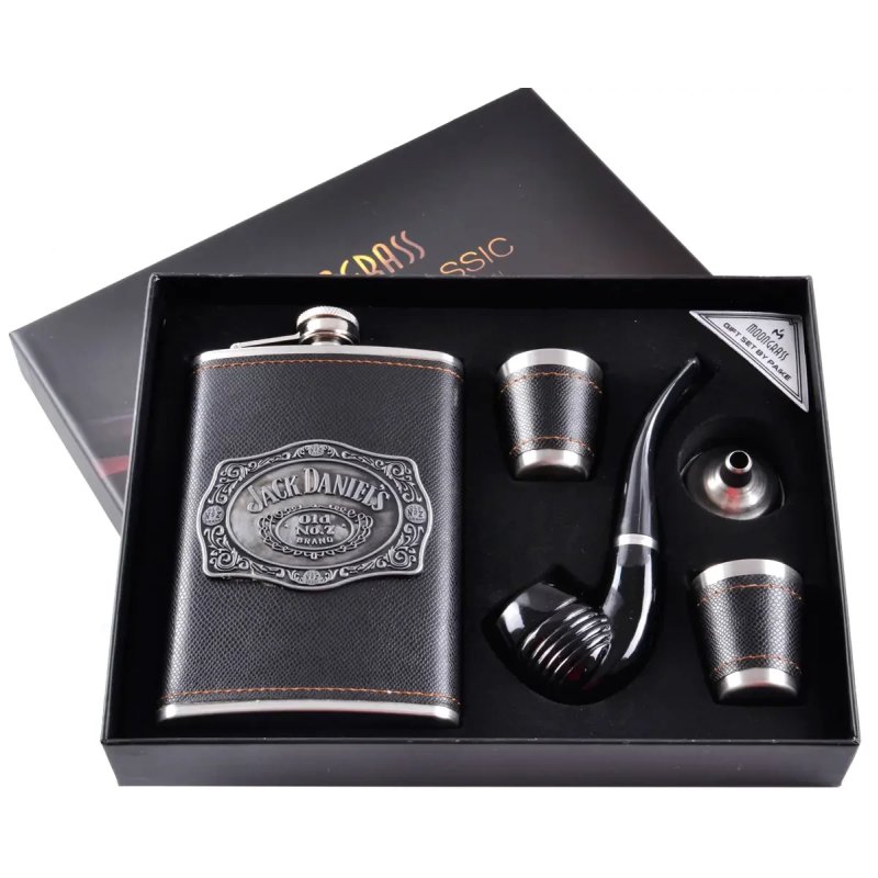 Подарунковий набір 5в1 “Jack Daniels“ - фляга з набійкою, 2 чарки, лійка, трубка, 256мл