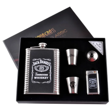 Подарунковий набір 5в1 “Jack Daniels“ - фляга, 2 чарки, лійка, газова запальничка, 256мл