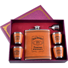 Подарунковий набір 6в1 “Jack Daniels“ фляга (обтягнута шкірою), 4 чарки, лійка, 530мл