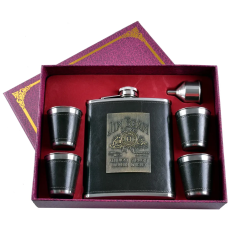 Подарунковий набір 6в1 “Jim Beam“ фляга з набойкою (обтягнута шкірою), 4 чарки, лійка, 530мл