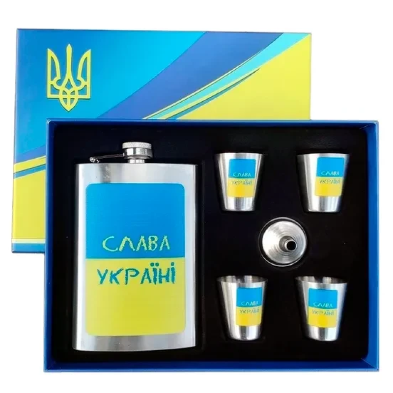 Подарунковий набір Moongrass 6в1 з флягою 255мл, чарками, лійкою “Слава Україні“ Подарунковий набір Moongrass 6в1 з флягою 255мл, чарками, лійкою “Слава Україні“