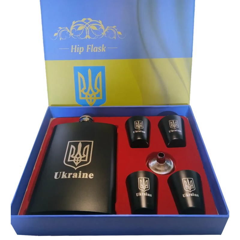 Подарунковий набір 6в1 з флягою 265мл, чарками, лійкою “Ukraine“
