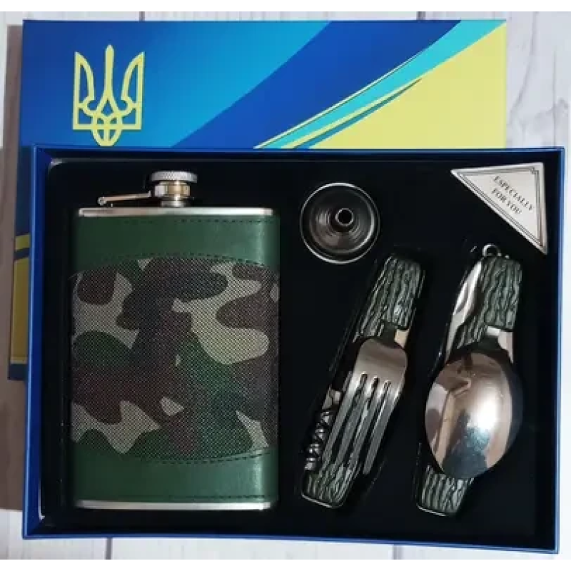 Подарунковий набір 4в1 Moongrass з флягою 265мл, ложкою/виделкою, лійкою, Камуфляж Подарунковий набір 4в1 Moongrass з флягою 265мл, ложкою/виделкою, лійкою, Камуфляж