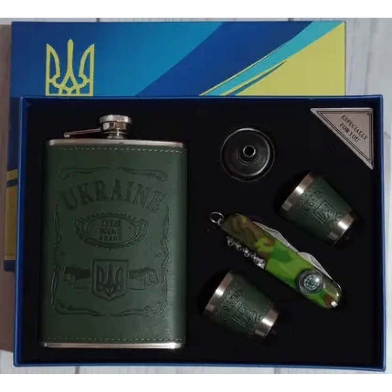 Подарунковий набір 5в1 Moongrass з флягою 265мл, ножем, чарками, лійкою, “Україна“ Подарунковий набір 5в1 Moongrass з флягою 265мл, ножем, чарками, лійкою, “Україна“