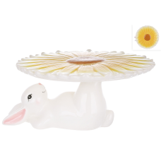Підставка для куліча/торту керамічна Кролик з квіткою, D22.8*12 см, колір — білий із жовтим