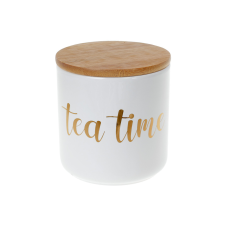 Банка керамічна 550 мл із бамбуковою кришкою Tea Time, колір білий із золотом