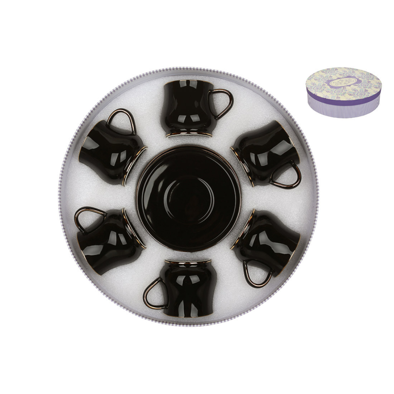 Чайні порцеляновий набір Жасмин: 6 чашок — 220 мл, 6 блюдець, колір — чорний із золотим обідком Чайні порцеляновий набір Жасмин: 6 чашок — 220 мл, 6 блюдець, колір — чорний із золотим обідком