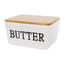 Маслянка керамічна BUTTER з бамбуковою кришкою 13.8*10.2*7.8см, колір - глянцевий білий