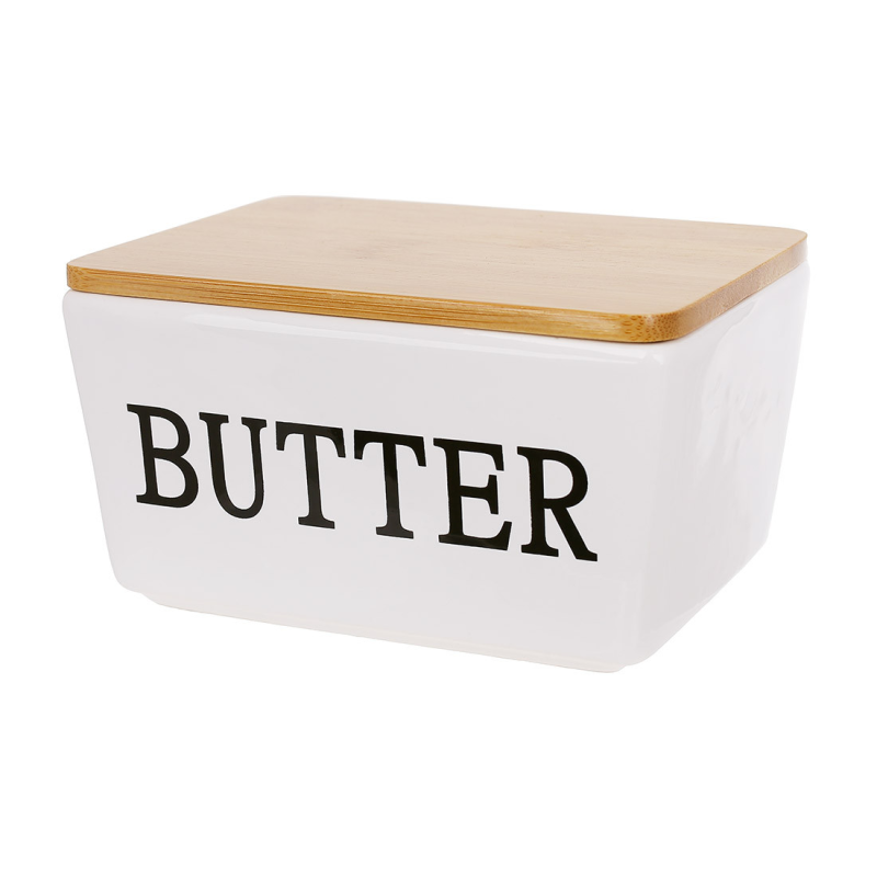 Маслянка керамічна BUTTER з бамбуковою кришкою 13.8*10.2*7.8см, колір - глянцевий білий Маслянка керамічна BUTTER з бамбуковою кришкою 13.8*10.2*7.8см, колір - глянцевий білий
