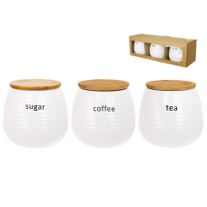 Набір  (3шт) керамічних банок 750мл з бамбуковими кришками Sugar, Tea, Coffee, колір - глянцевий  білий