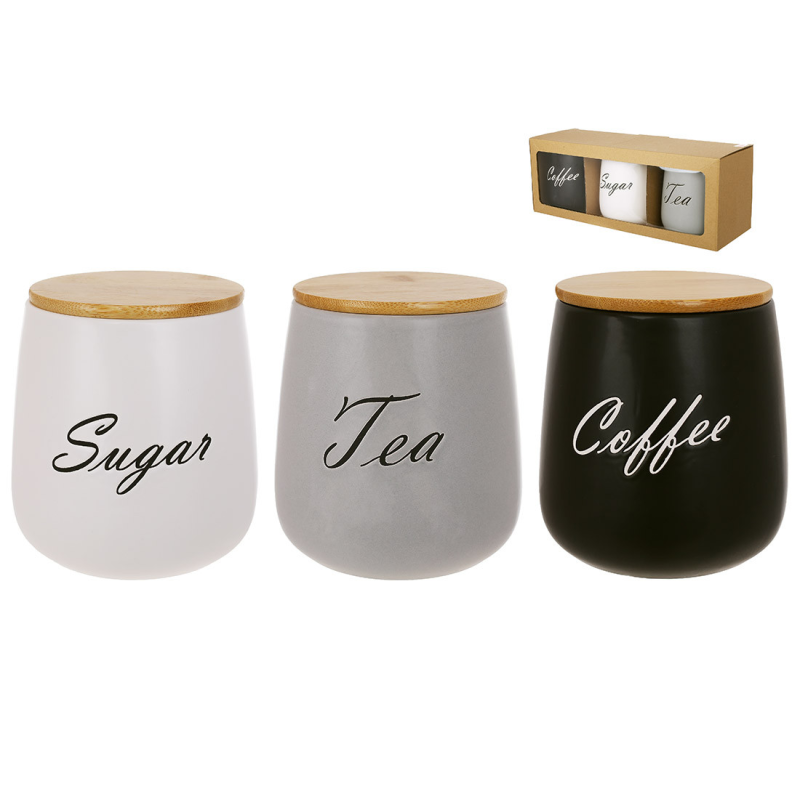 Набір (3шт) керамічних банок 1л, з бамбуковими кришками Sugar, Tea, Coffee, колір: матовий білий, сірий, чорний Набір (3шт) керамічних банок 1л, з бамбуковими кришками Sugar, Tea, Coffee, колір: матовий білий, сірий, чорний