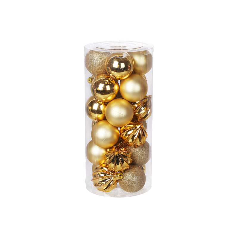 Набір ялинкових куль 6см, колір - золото, 24шт: 6шт - рельєф глянець, 6шт - глянець, 6шт - матовий, 6шт - гліттер Набір ялинкових куль 6см, колір - золото, 24шт: 6шт - рельєф глянець, 6шт - глянець, 6шт - матовий, 6шт - гліттер