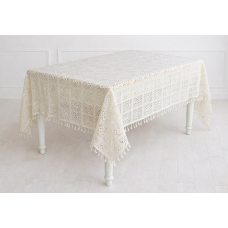 Скатертина бавовняна в“язане мереживо з китицями 110*126см, Boho Crochet, колір - натуральний беж
