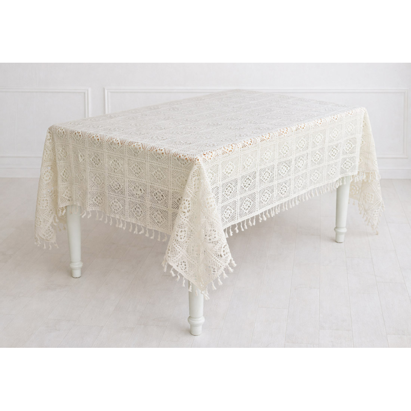 Скатертина бавовняна в“язане мереживо з китицями 110*126см, Boho Crochet, колір - натуральний беж Скатертина бавовняна в“язане мереживо з китицями 110*126см, Boho Crochet, колір - натуральний беж