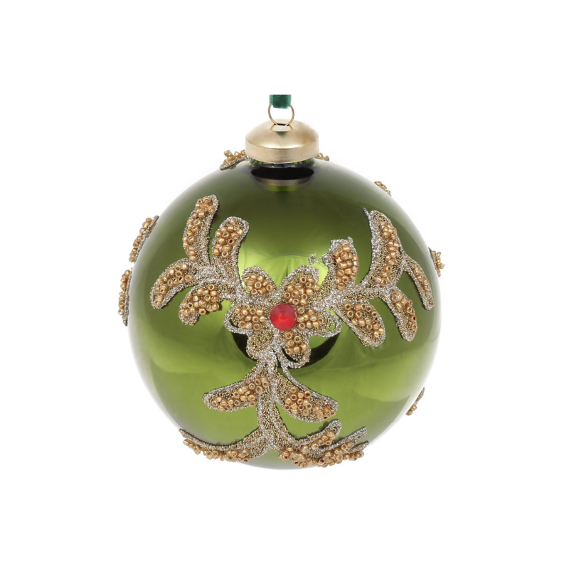 Набір (4шт.) ялинкових куль з декором з намистин і страз золотого кольору, 10см, колір - смарагдовий Набір (4шт.) ялинкових куль з декором з намистин і страз золотого кольору, 10см, колір - смарагдовий